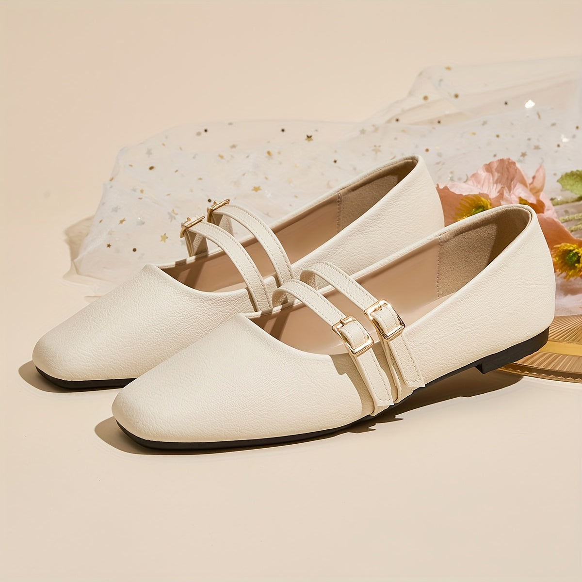 Women's Casual Flat Shoes White Gold Buckle Comfortable Slip-On