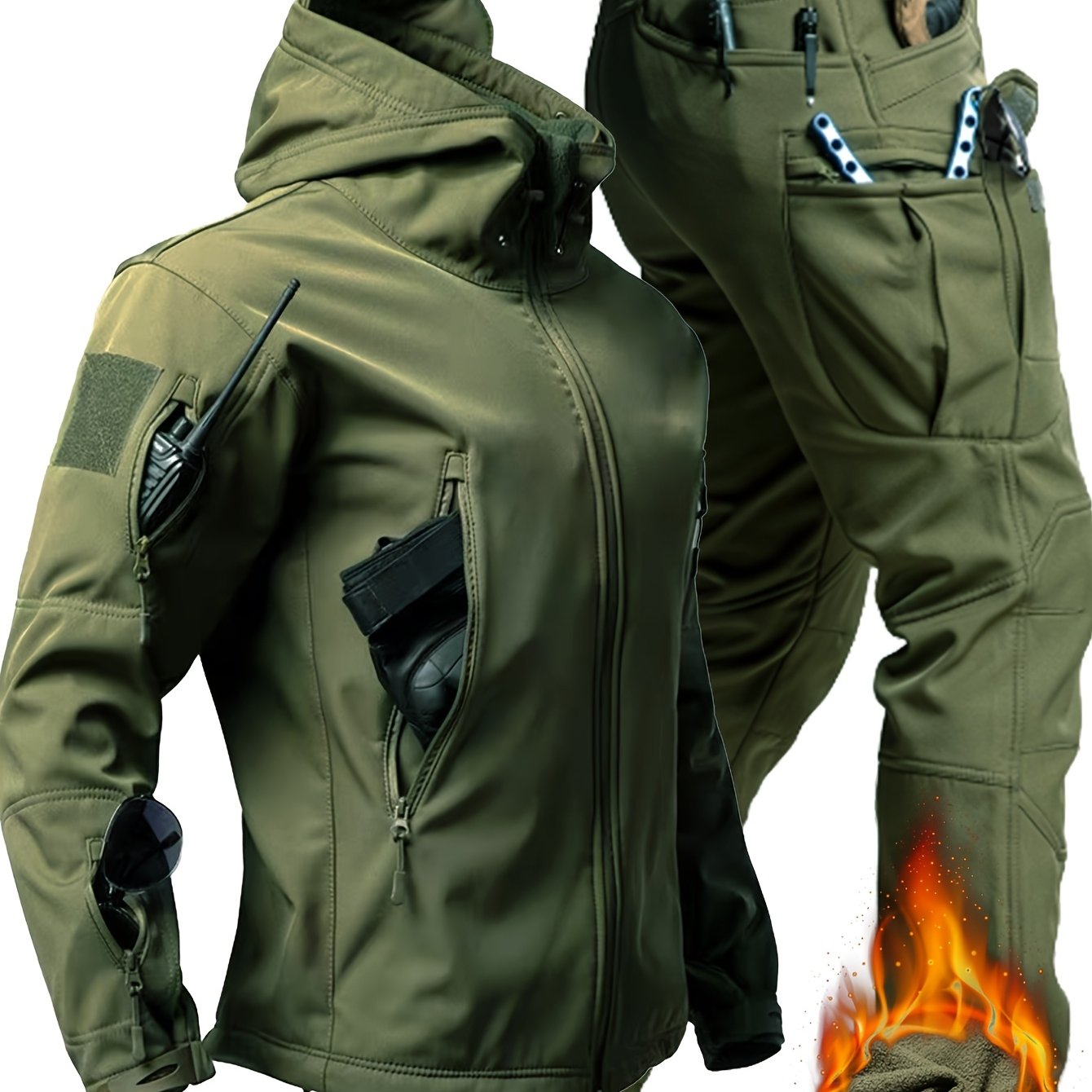 Erkaklar uchun tasodifiy kiyim to'plami, kamuflyaj va oddiy rangda, yumshoq astarli kurtka va shimlar, kuz va qish mavsumida sayr qilish va tog'ga chiqish uchun ko'p cho'ntaklar.