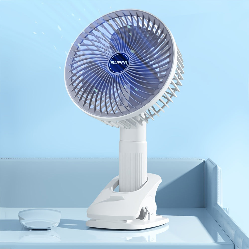 Sozlanadigan burchaklar, 3 tezlik rejimi, klipli dizayni bilan USB orqali qayta zaryadlanadigan portativ stol ventilyatori - uy, ofis yoki sayohat uchun ideal. Zamonaviy, kichik va uslubli.