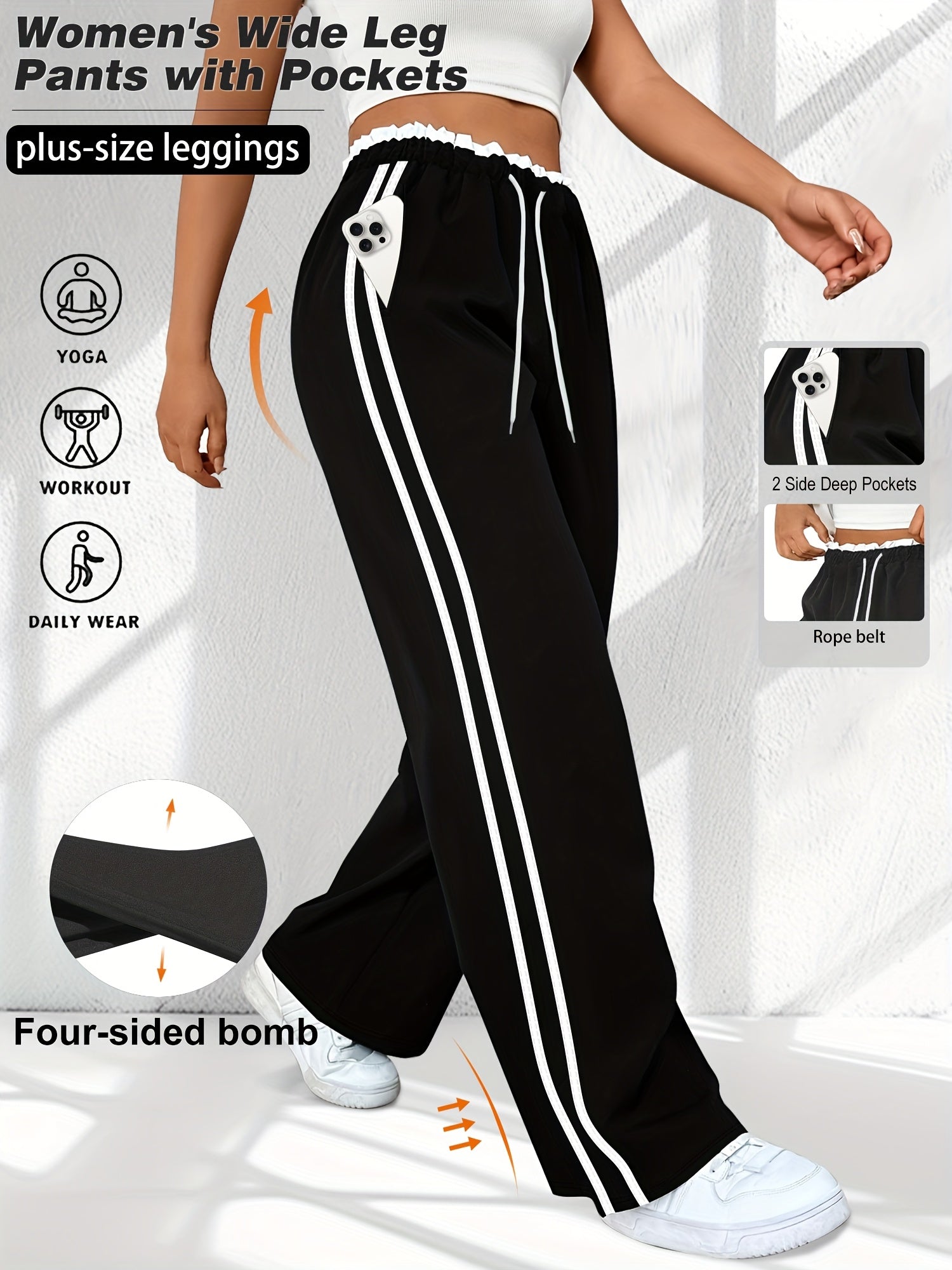 Women's Plus-Size High-Waist Wide Leg Pants with Drawstring and Pockets