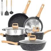 Non-Stick Cookware Set 12-Piece Granite Induction Pots Pans with Frying Pan Tongs