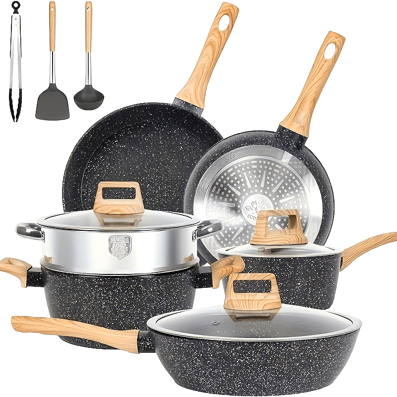 Non-Stick Cookware Set 12-Piece Granite Induction Pots Pans with Frying Pan Tongs
