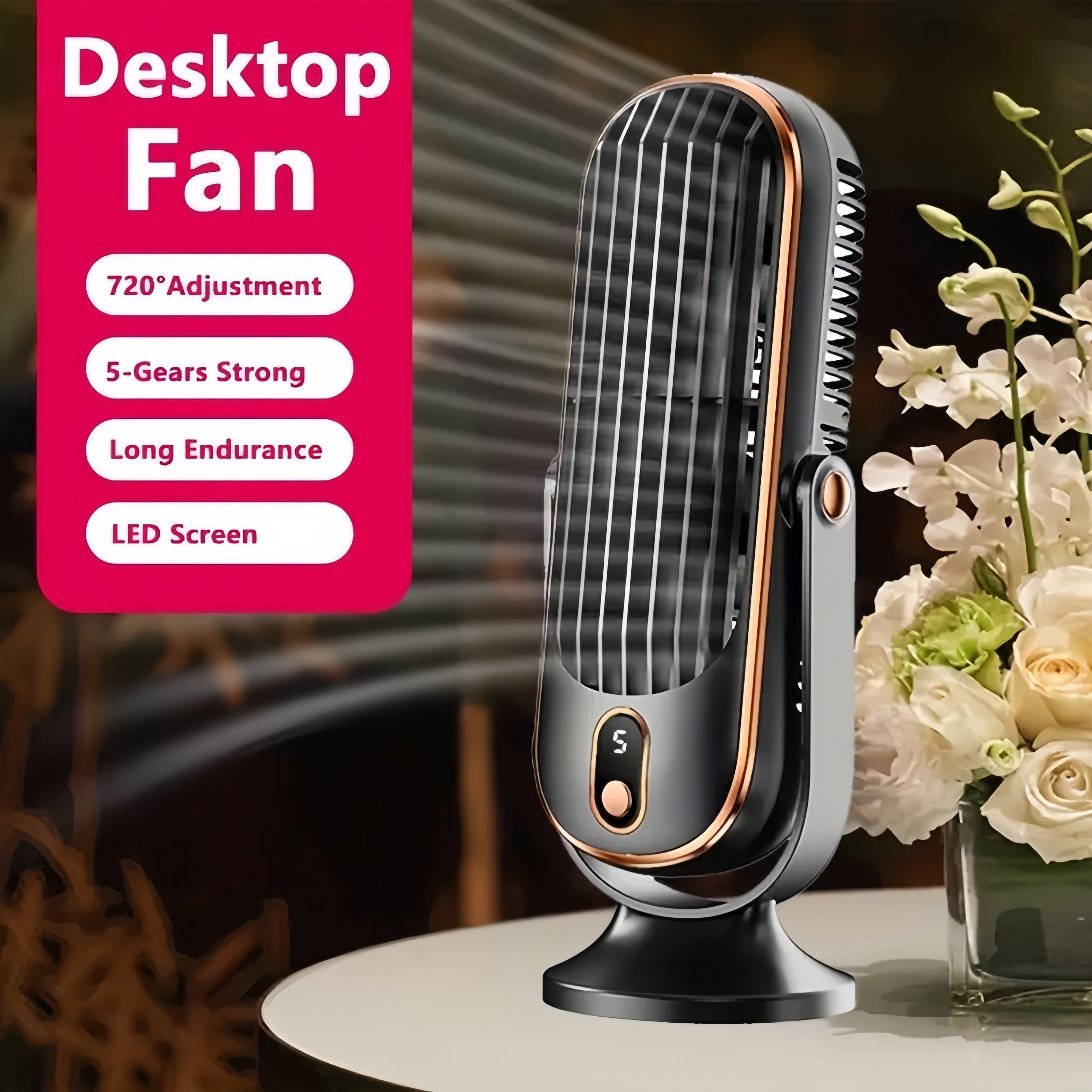 Portable USB Desktop Fan Dual Blade 5-Speed Adjustable 360° Rotation for Home Office Travel