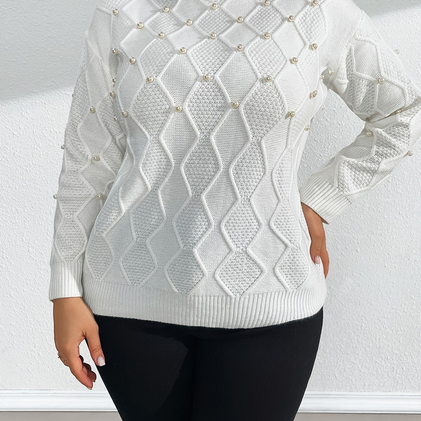 Women's Knit Sweater Long Sleeve Crew Neck Pearl Embellished Polyester Blend