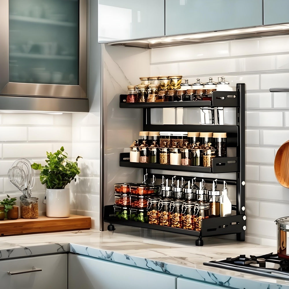 Tiered Metal Spice Rack Organizer for Countertop Storage, Sturdy Kitchen Jars