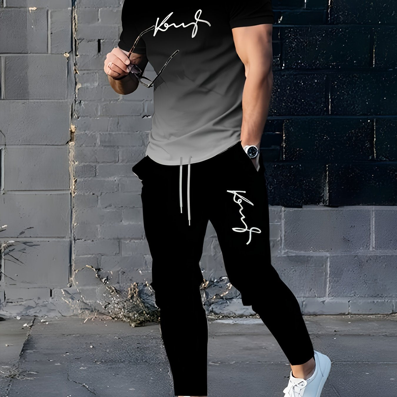 Men's Short-Sleeve Set Black and White Gradient 3D Print Polyester Casual