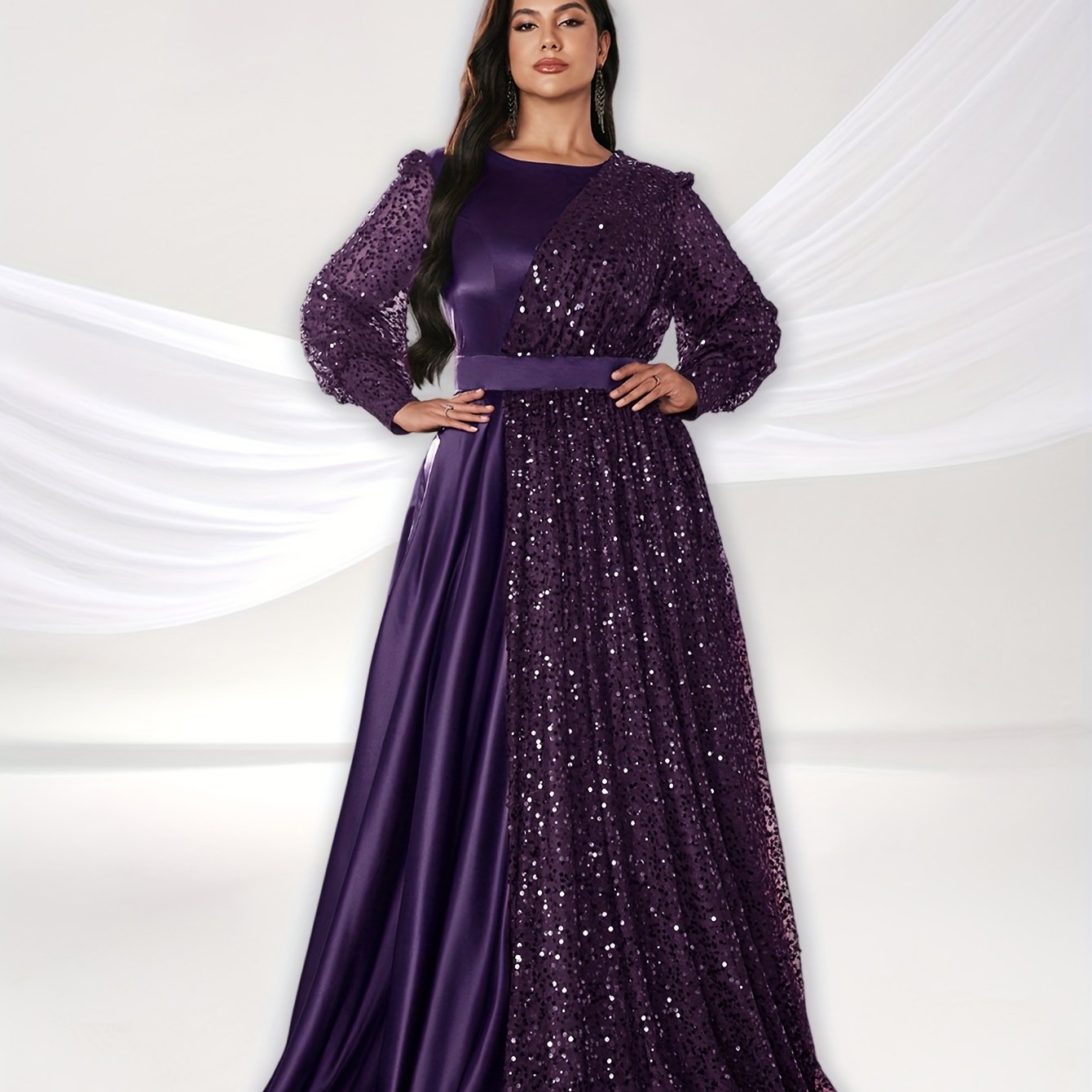 Plus Size Formal Evening Dress Satin Sequin Lantern Sleeve Gown