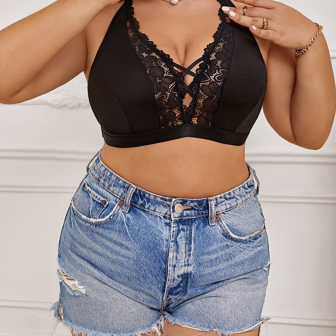 Women's Plus Size Erotic Lace Cross Strap Halter Bra with Butterfly Appliques