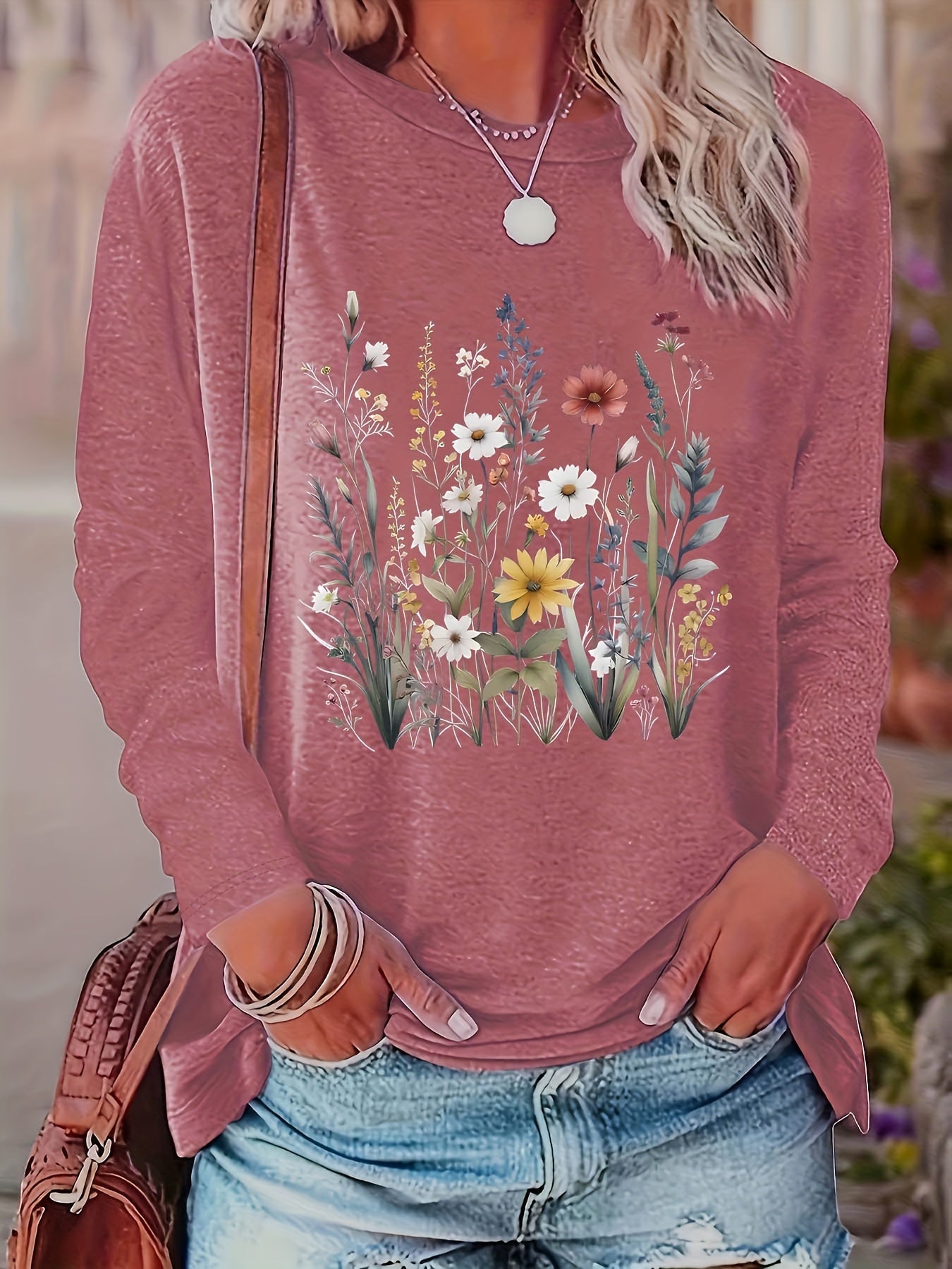 Women's Floral Print Crew Neck T-Shirts, Long Sleeve Polyester Tops