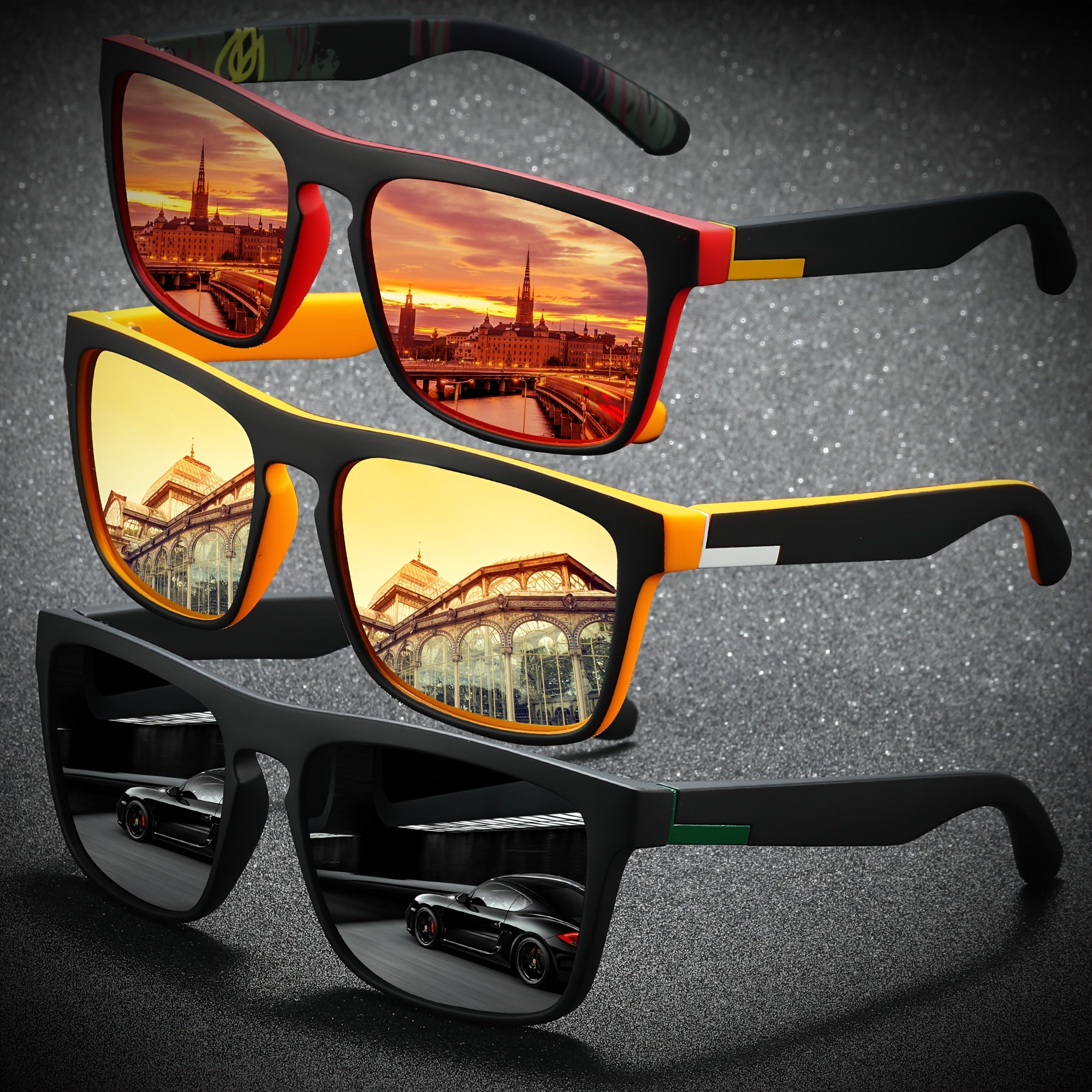 Square Sunglasses for Men and Women 3 Pairs Colorful Coated Lenses Outdoor Sports