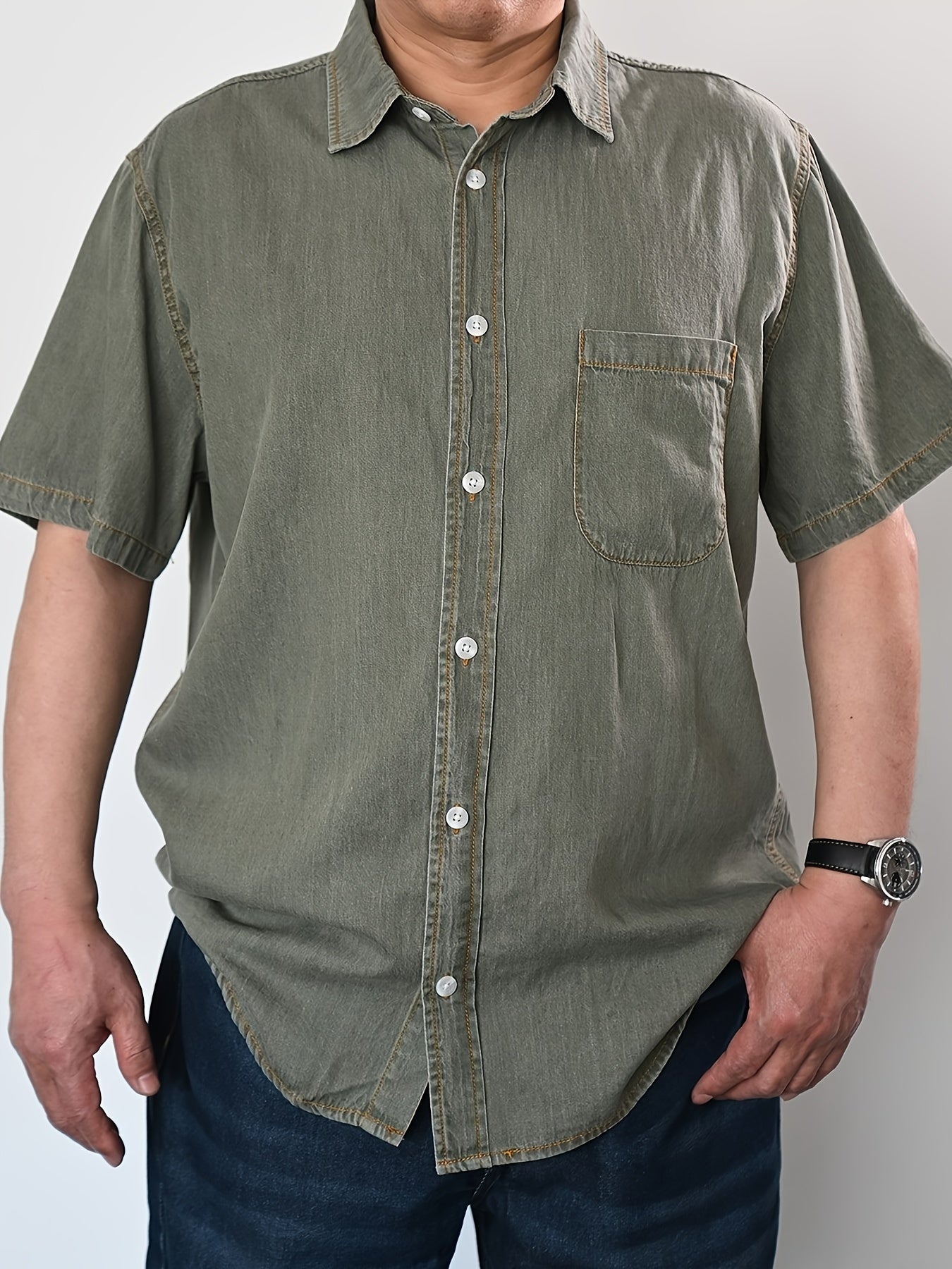 Plus Size Men's Denim Shirt Summer V-Neck Vintage Cotton Lyocell Casual