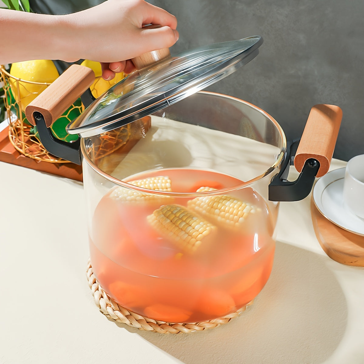 Glass Saucepan with Lid 4.5L Borosilicate Dual Wooden Handles for Soup and Noodles
