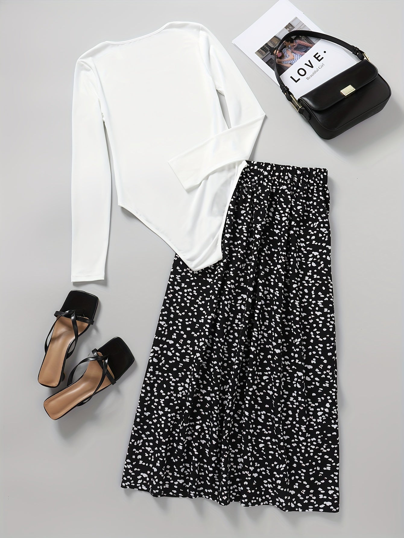 Conjunto de dos piezas para mujer, body de manga larga, falda floral, mezcla de poliéster, primavera y verano