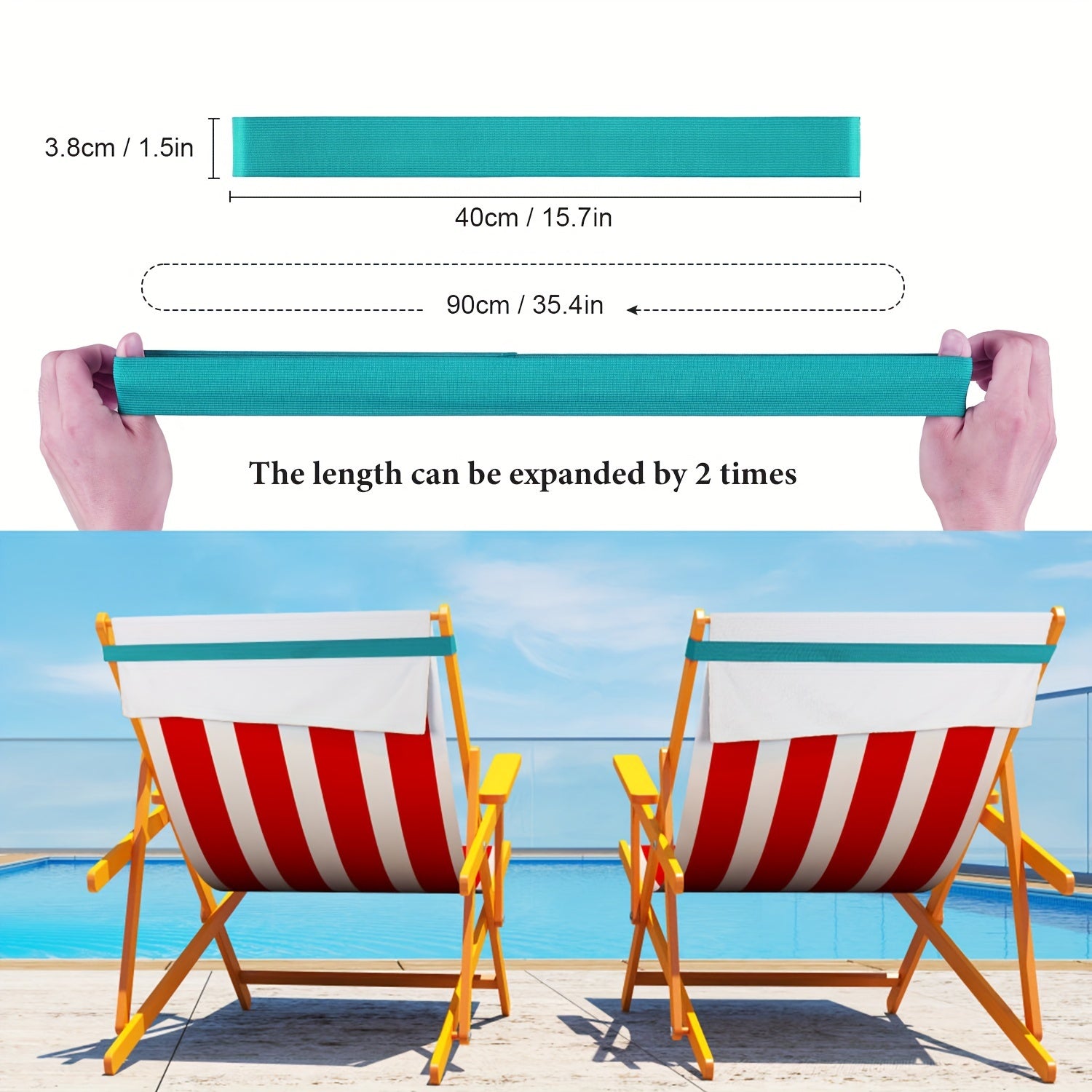 Beach Towel Band with Elastic Clamp for Chairs and Loungers Blue Stripes Expandable to 90cm