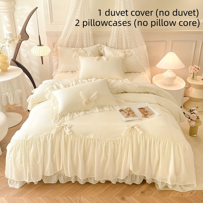 Princess Style Beige White Duvet Cover Set with French Lace Embellishments All-Season Zipper Closure 100% Polyester Woven Fabric