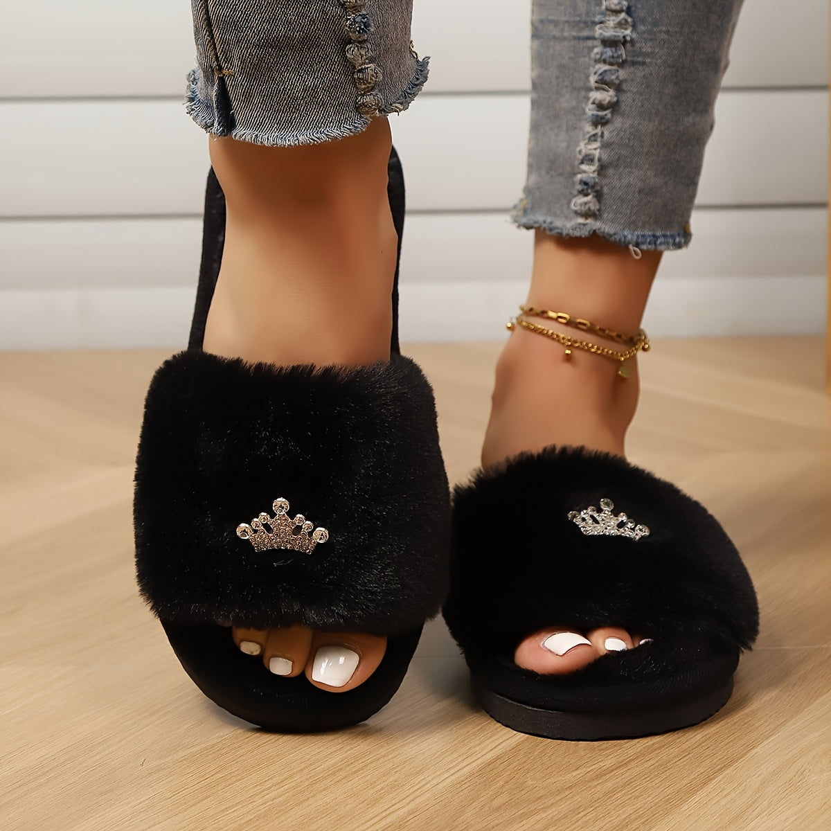Women's Fluffy Winter Slippers Indoor Heart Design