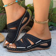 Women's Black Wedge Sandals Open Toe Ankle Strap Casual Shoes