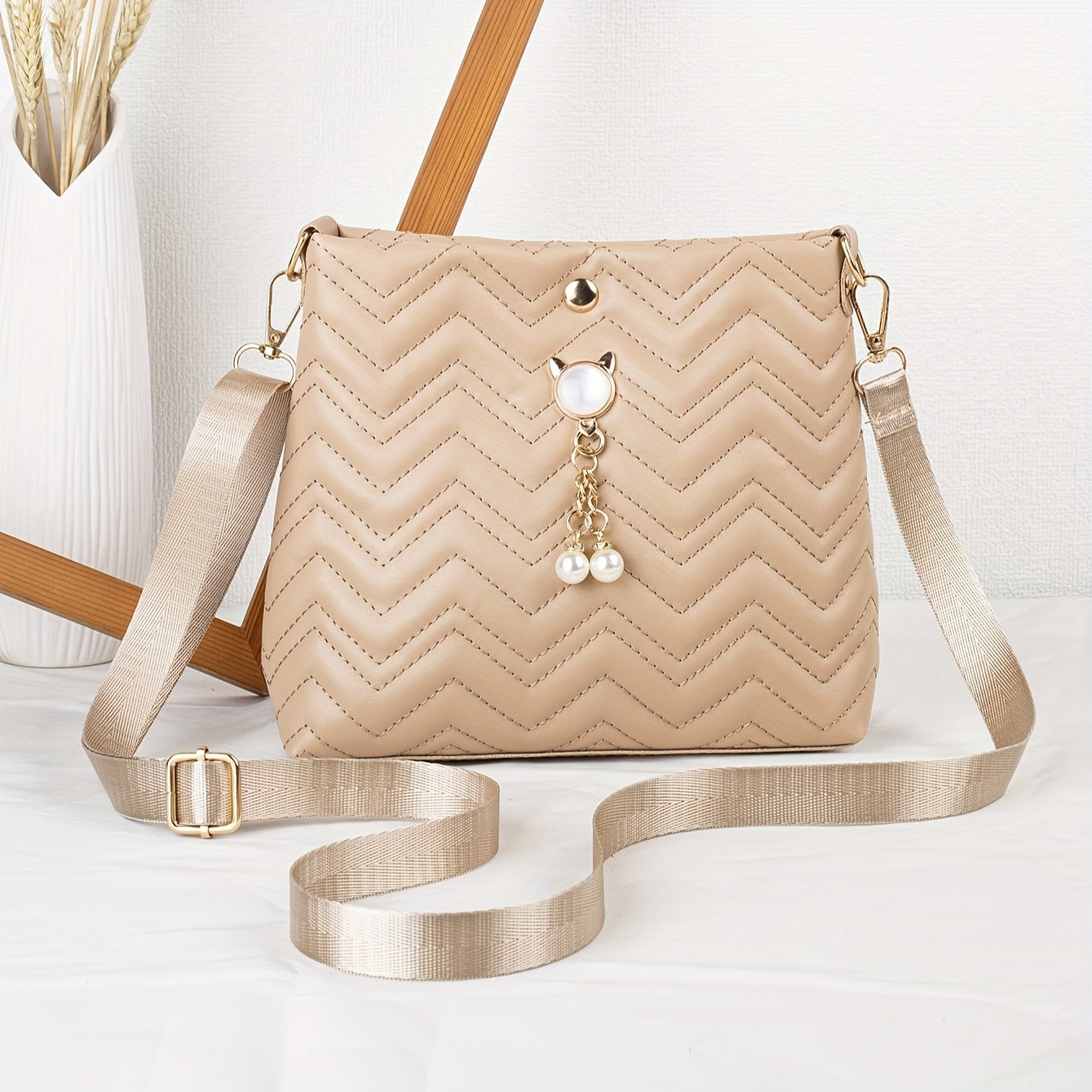 Quilted Crossbody Bag with Adjustable Strap Faux Pearl Embellishment Chevron Pattern in Khaki White Pink Black