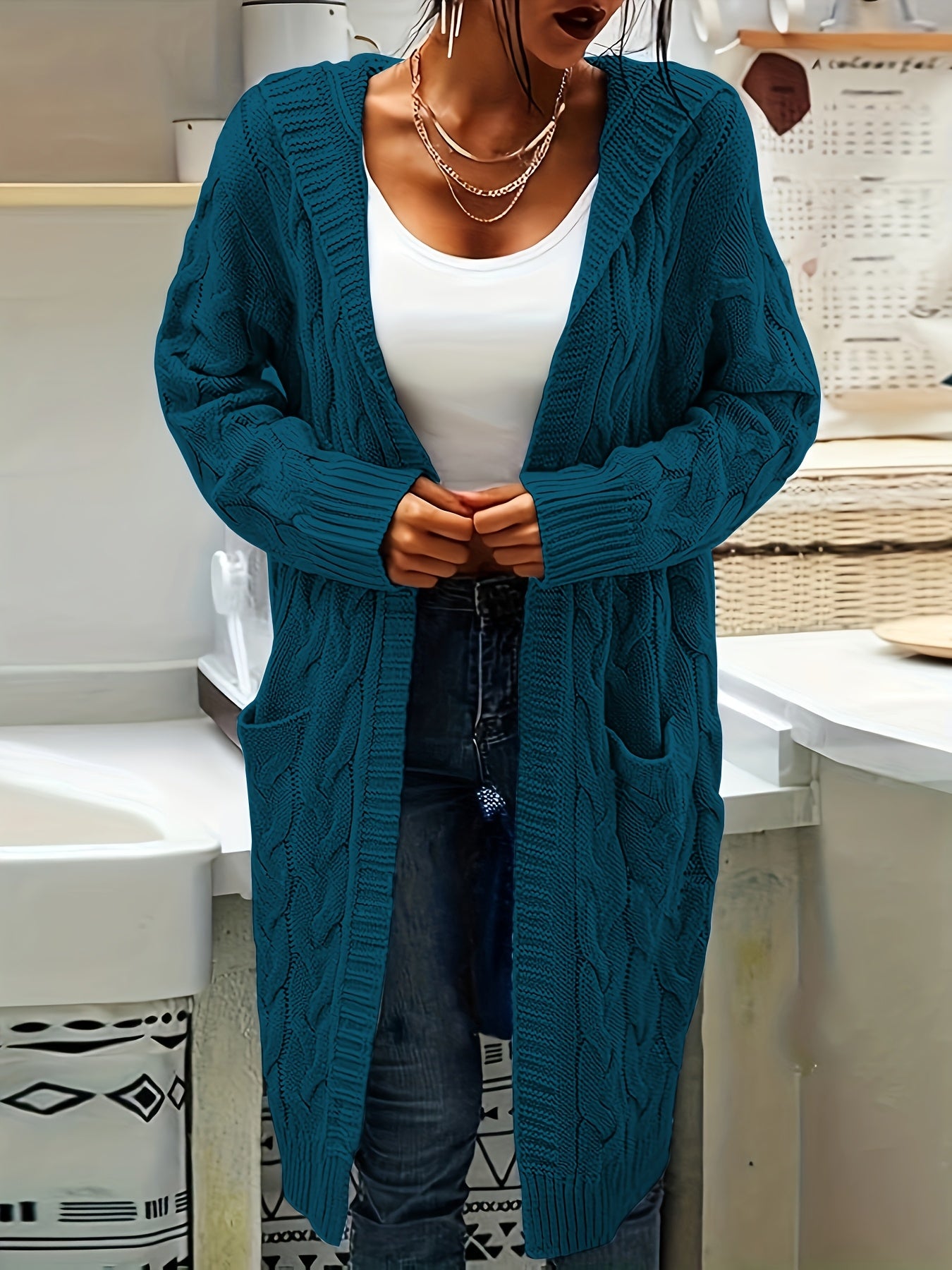Plus Size Women's Thick Knit Hooded Sweater Cardigan Long Coat