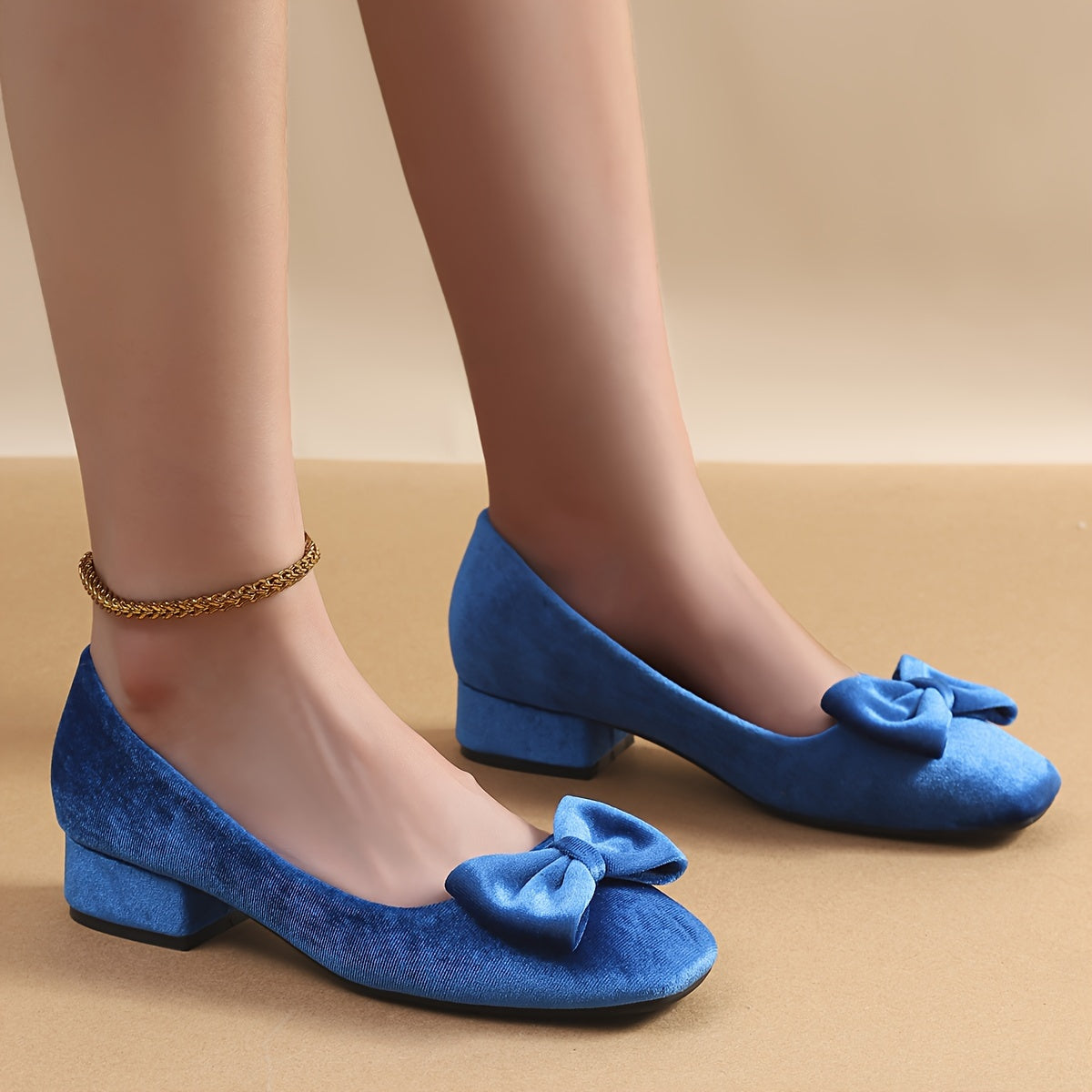 Women's Velvet Bowknot High Heels Square Toe Chunky Heel Office Shoes