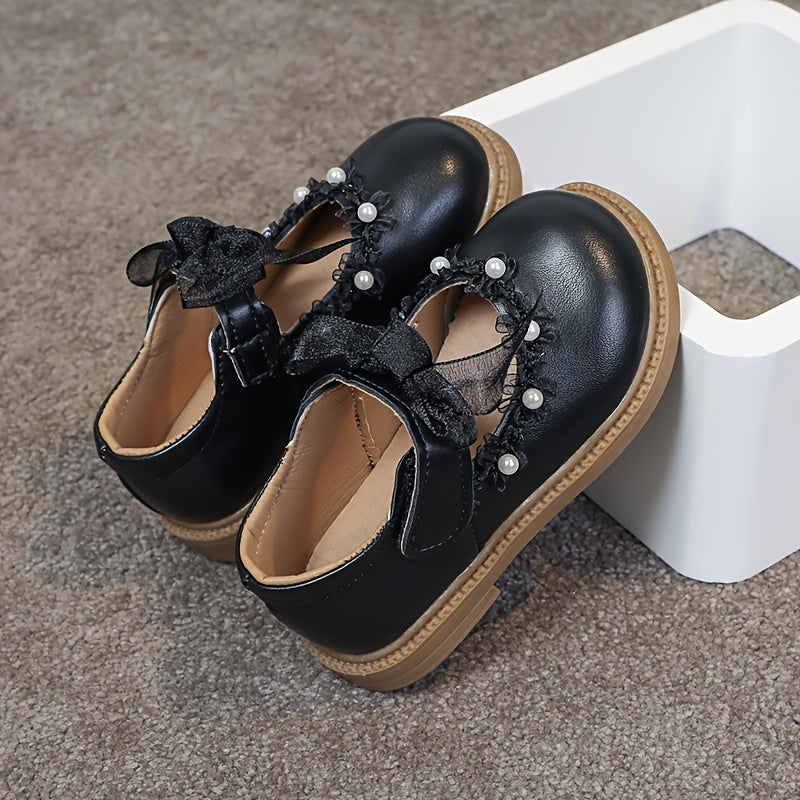 Girls' Princess Shoes with Bead Design Net Lace Bow for Parties and Daily Wear