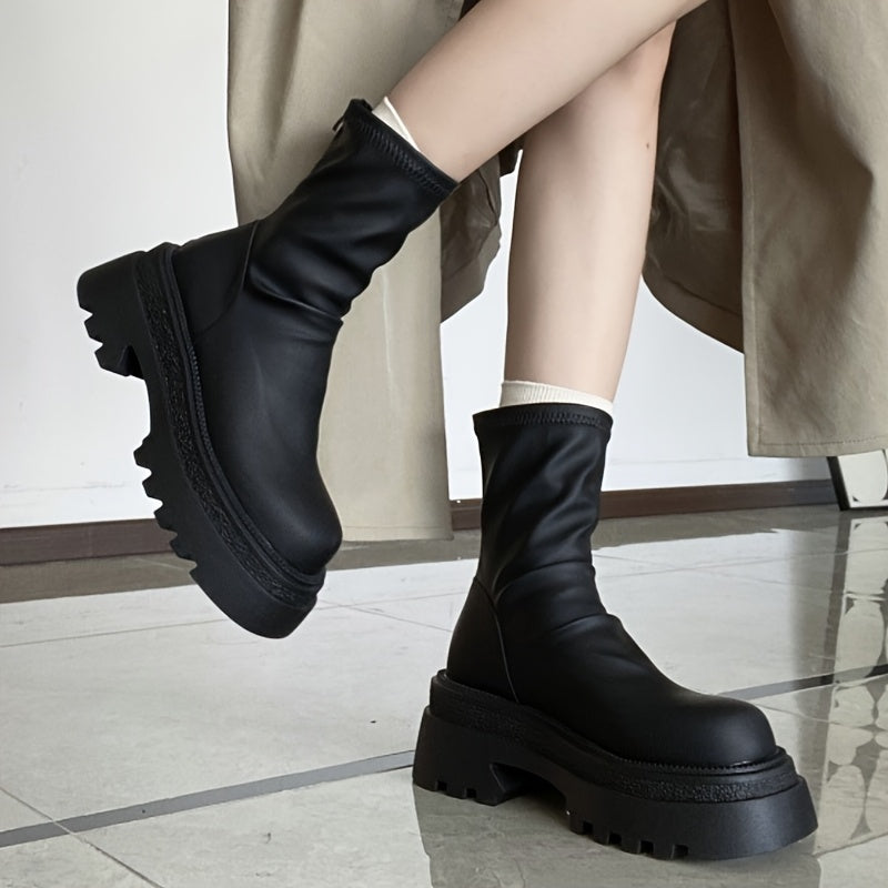 Women’s Black Chunky Platform Ankle Boots with Slip-Resistant Outsole