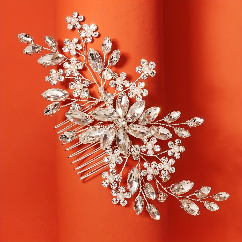 Handmade Flower Hair Comb with Horse Eye Rhinestones for Bridal Wedding Dress Accessories