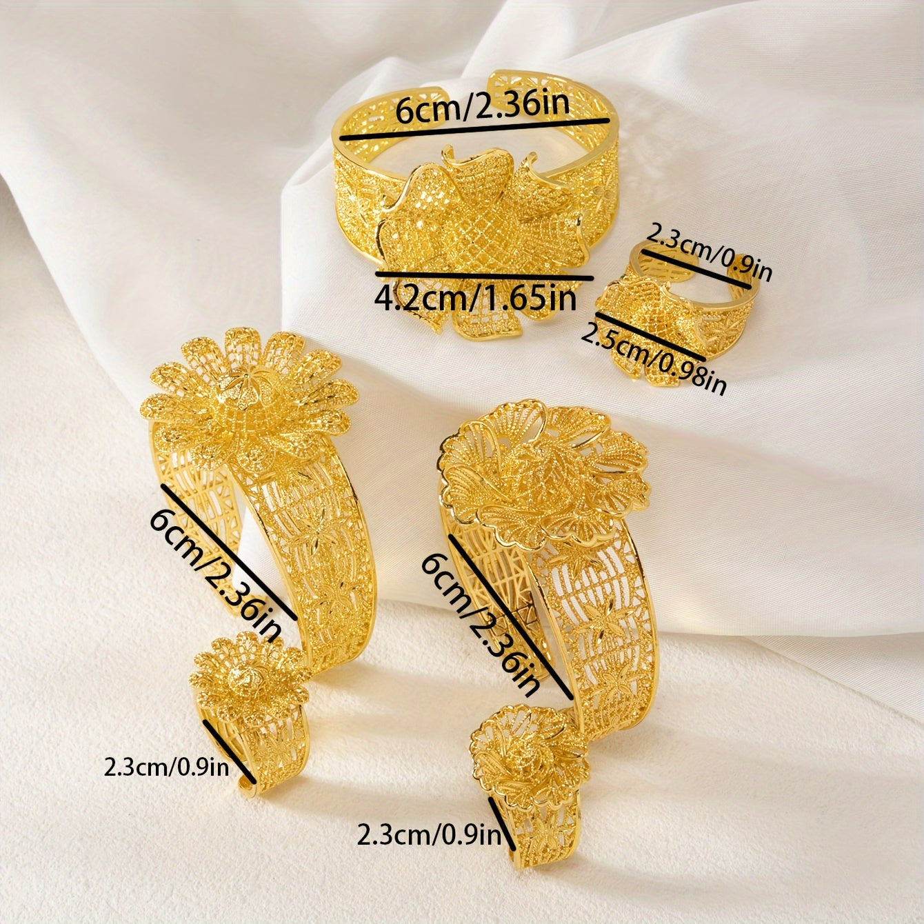 Women Flower Open Cuff Bracelet and Ring Set Alloy Jewelry for Everyday and Formal Wear