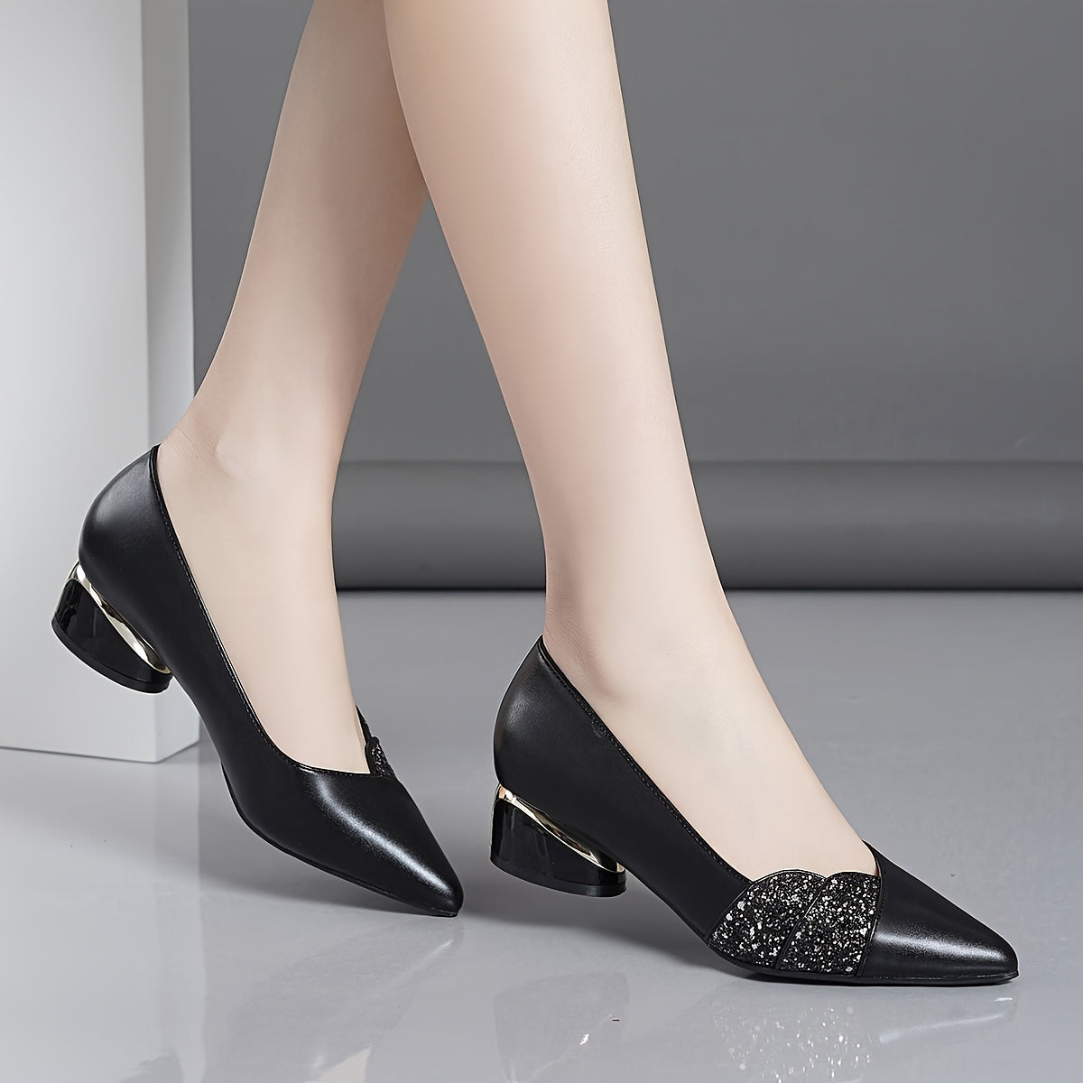 Women's Pointed-Toe Pumps with Rhinestone Detail and Chunky Heel for Fall