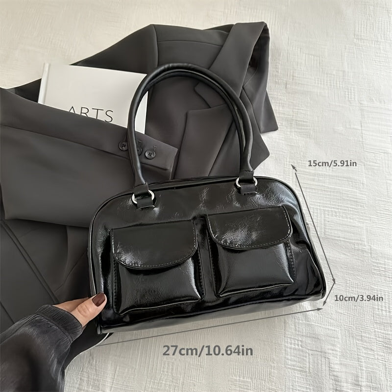 Zamonaviy ayollar uchun retro yelka sumkasi, katta sig'imli, porloq qoplama, zip yopilishi, bir rangda (qora/kolada/oq/ko'k). Ishga borish va har kuni foydalanish uchun ideal, yangilik sumkasi.