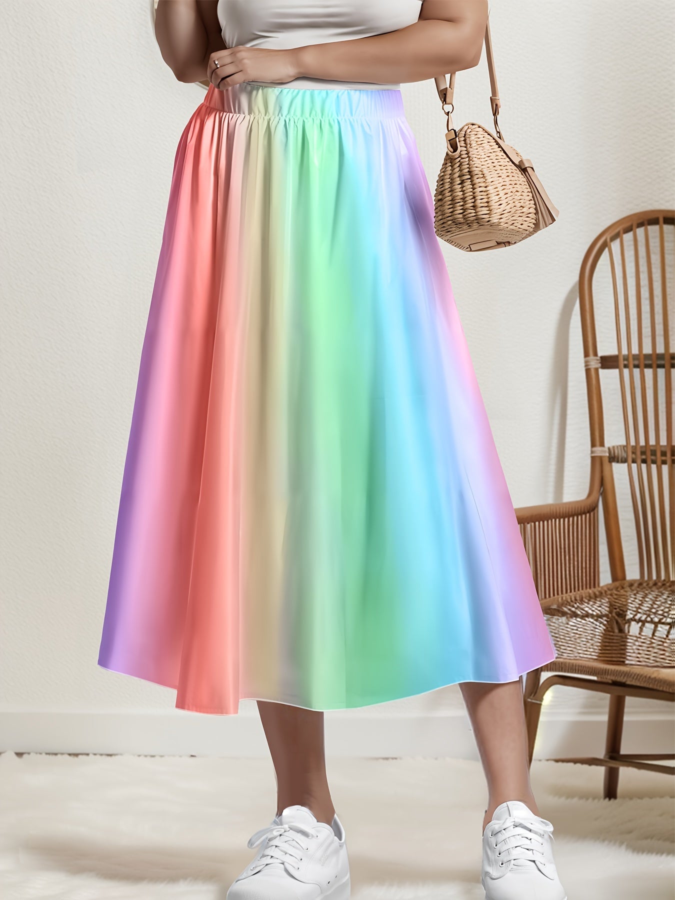 Women's Rainbow Print Casual Plus-Size Umbrella Skirt