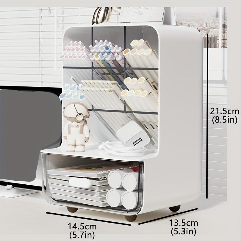 Plastic Desk Organizer with Drawer and Multi-Compartment Pen Holder for Office Supplies