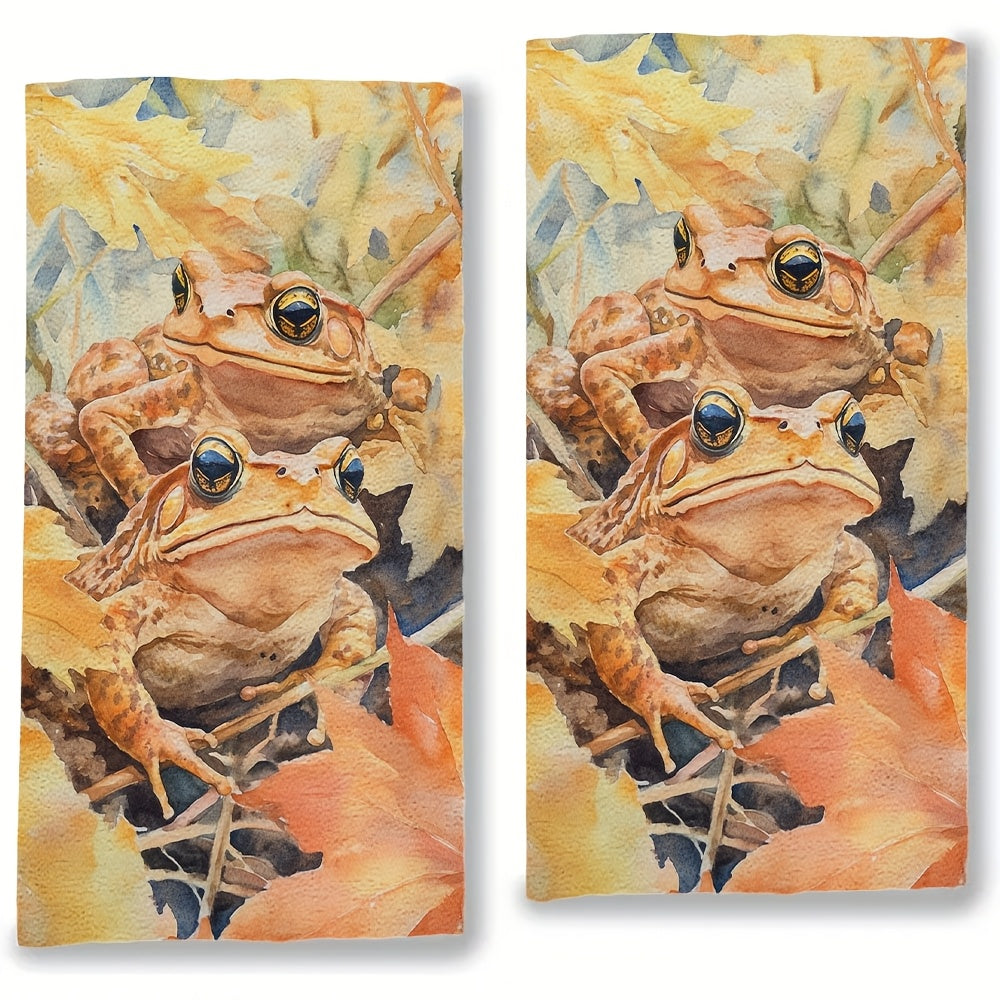Set of 2 Ultra Soft Kitchen Towels Autumn Leaves and Garden Toad Design 16x24 Inches