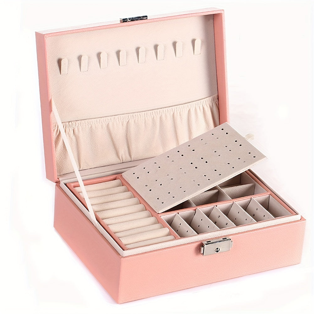 Luxury Faux Leather Jewelry Box with Dual-Layer Storage and Key Lock