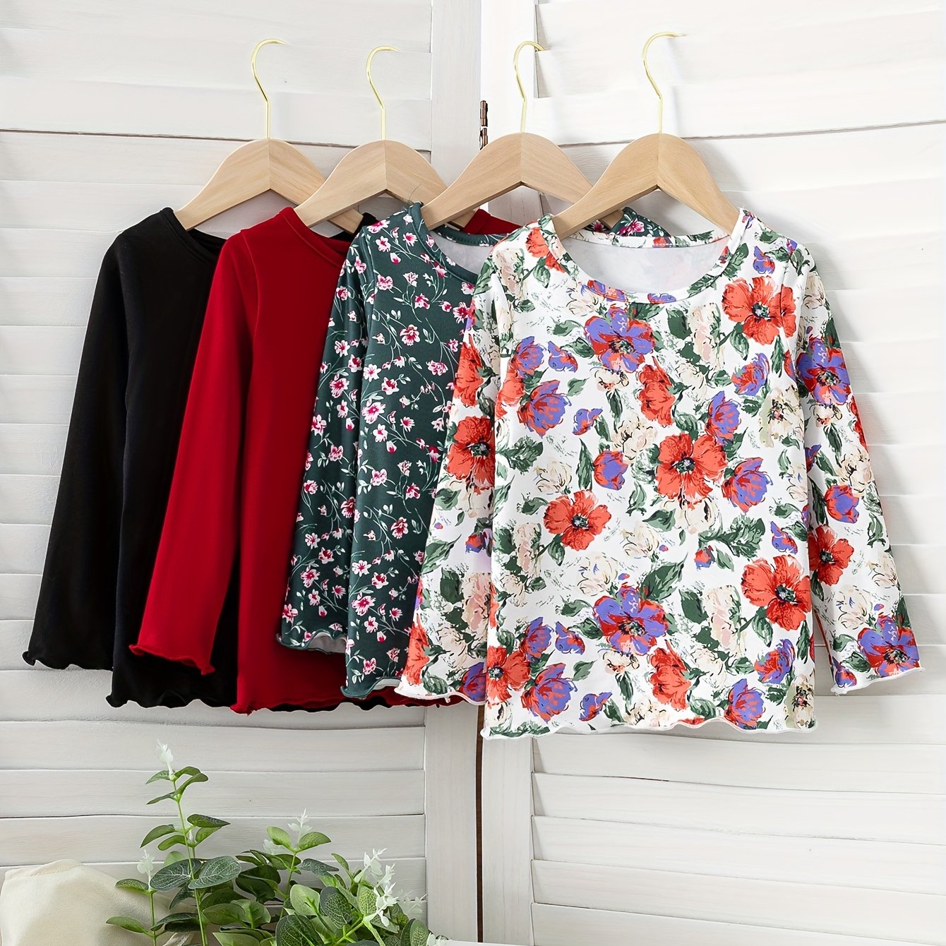 Girls' Long Sleeve Knit Tops 4-Piece Set Spring Fall Floral Solid Colors Skinny Fit