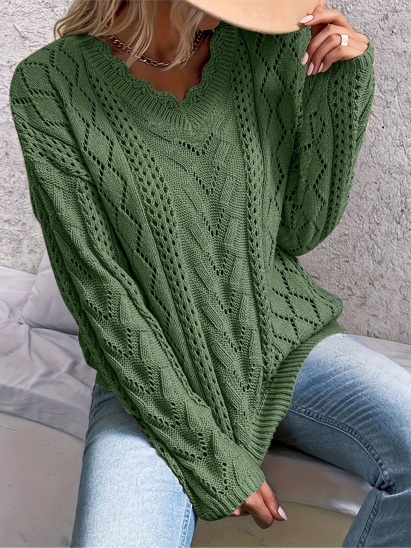 Women's Plus Size Sweater V-Neck Long Sleeve Floral Trim Jumper