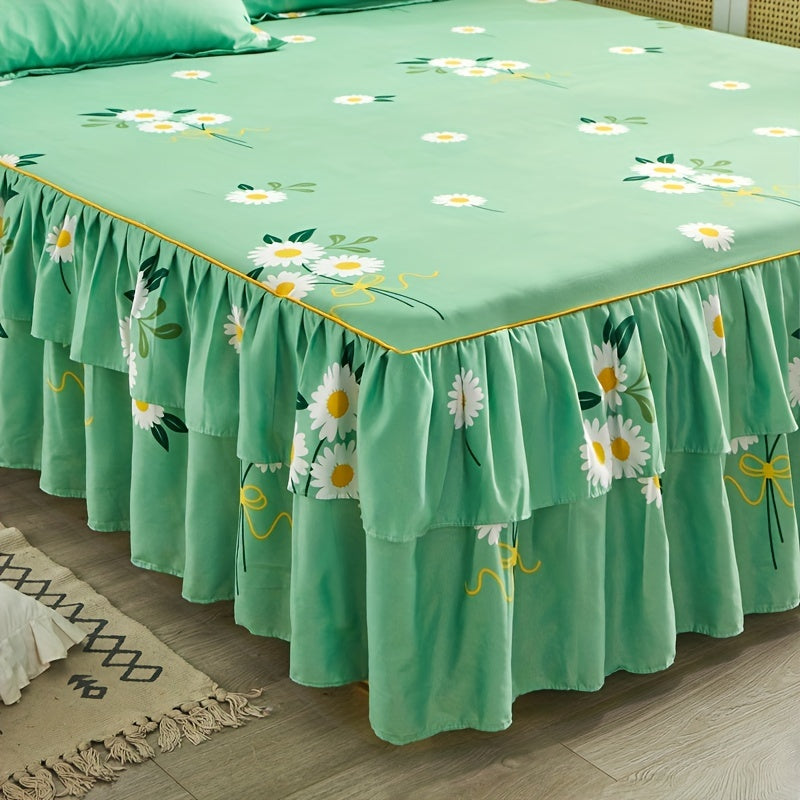 Комплект из трех частей макраме с цветочным принтом, нескользящий универсальный комплект постельного белья для всех сезонов, идеален для спальни или гостевой комнаты (включает 1 юбку для кровати и 2 наволочки, сердцевина не включена)