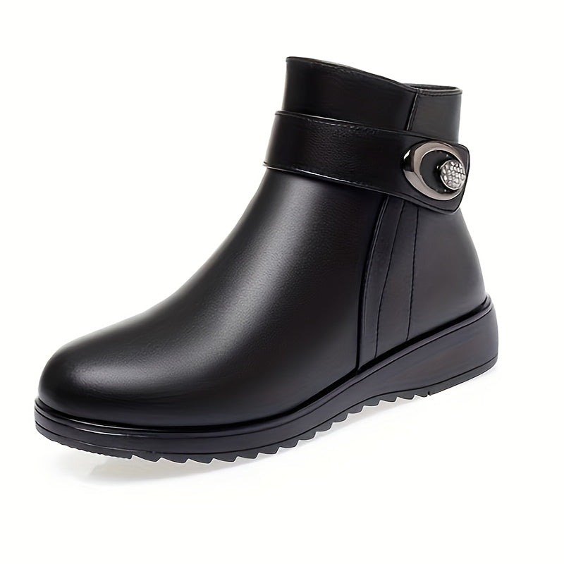 Women's Solid Color Faux Leather Boots with Buckle Zipper and Non-slip Soles