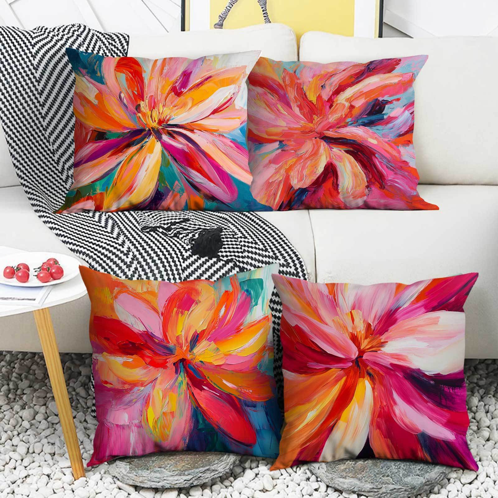 Set of 4 Modern Floral Throw Pillow Covers Polyester Zipper Closure All-Season Decor