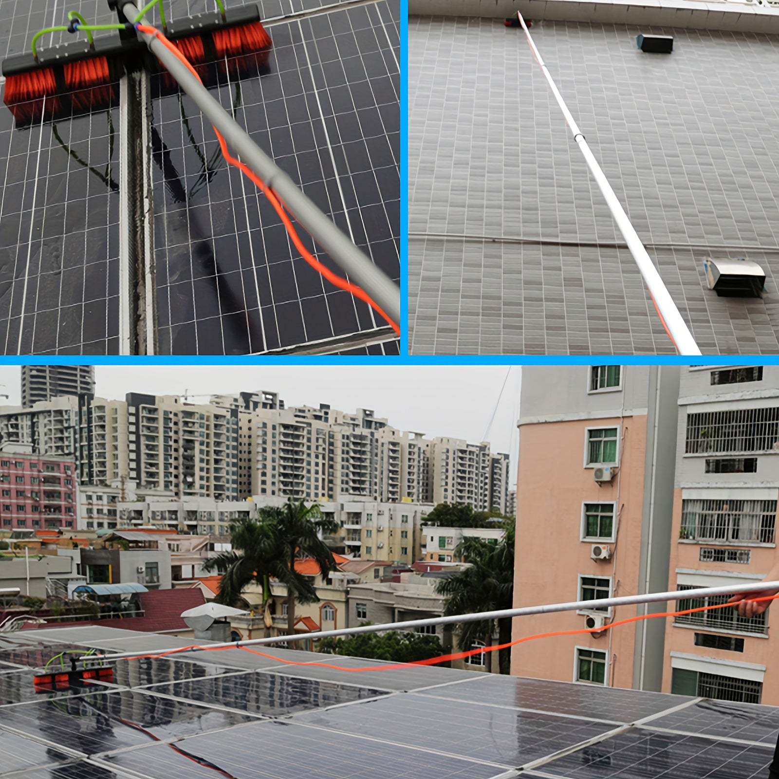 Quyosh panellari uchun tozalash cho'tkasi to'plami, suv oqimi bilan, zaryadsiz quvvat rejimi, plastik material, portativ teleskopik uzatma tayoqchasi, ko'p funksiyali suv purkagich, oson yig'ilish va ajratish. Quyosh