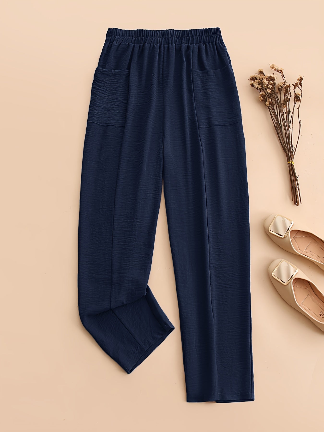 Pantalones de color sólido de talla grande con bolsillos y cintura elástica para mujer primavera verano