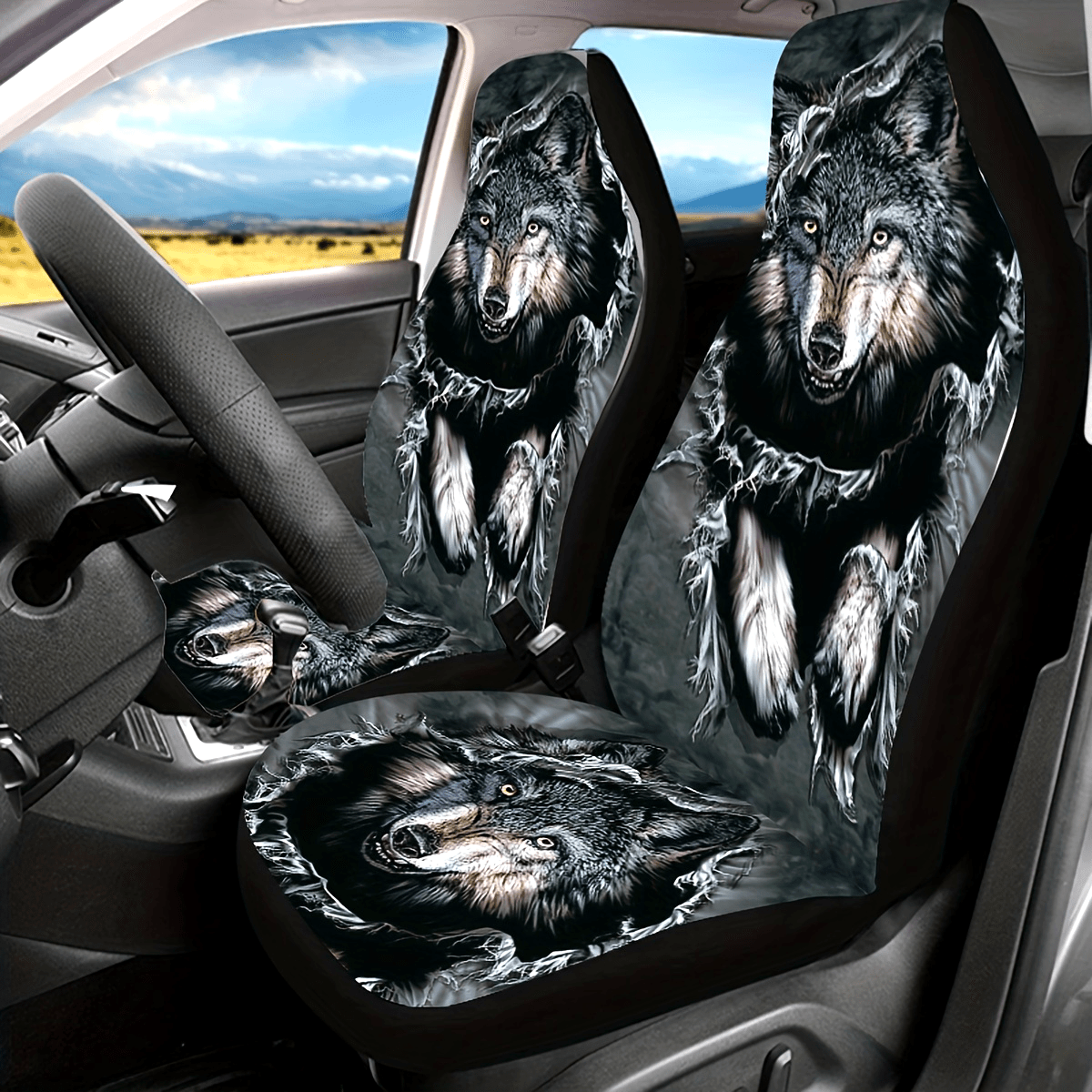 Universal Denim Seat Cover With Wolf Print for Car Interior