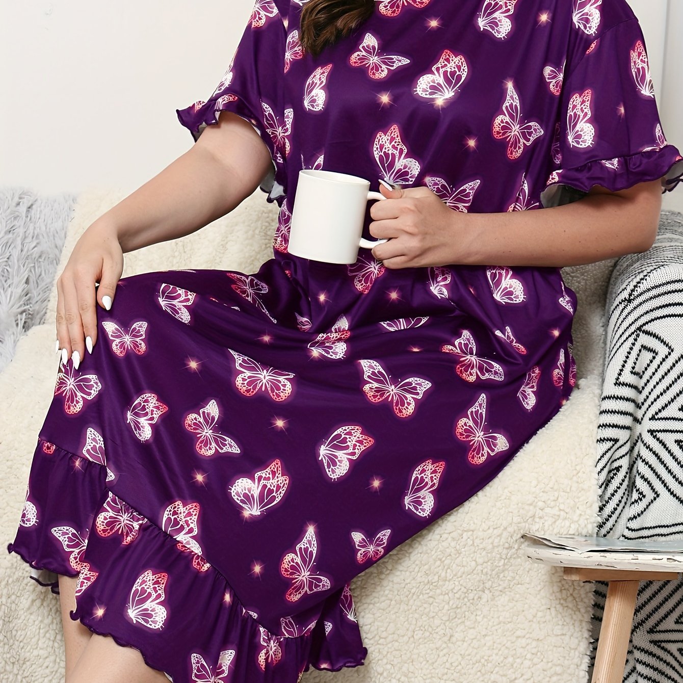 Plus Size Women's Butterfly Print Sleep Dress Loose Fit Nightgown Nightwear