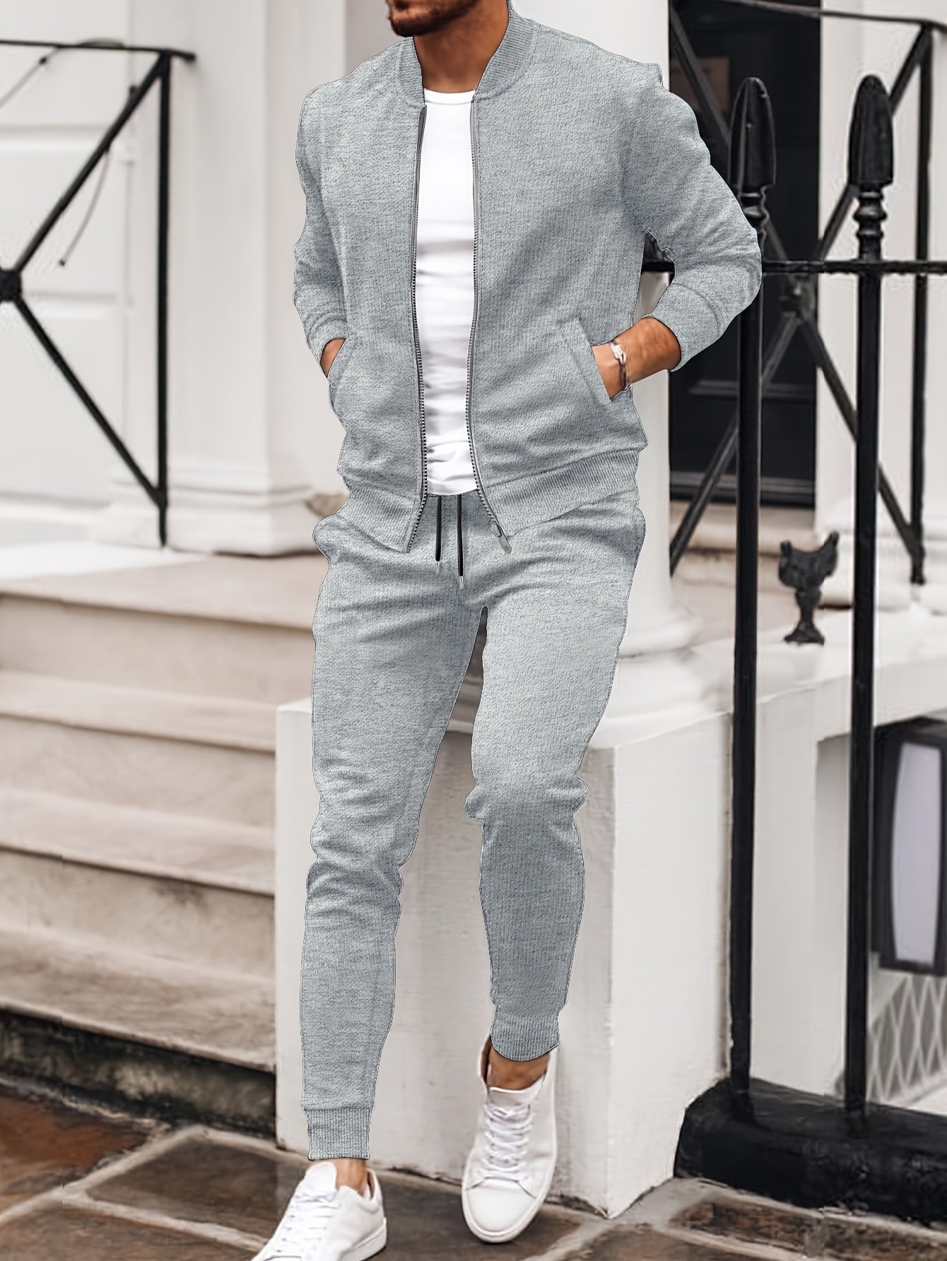 Men's Polyester Sweatsuit Set with Baseball Collar Long Sleeve Solid Color Fall Winter