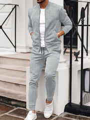 Men's Polyester Sweatsuit Set with Baseball Collar Long Sleeve Solid Color Fall Winter