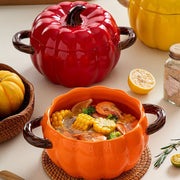 Ceramic Pumpkin-Shaped Soup Pot with Lid and Handles for Stews and Salads