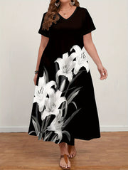 Plus Size Floral Print Maxi Dress for Spring Summer V-Neck Polyester