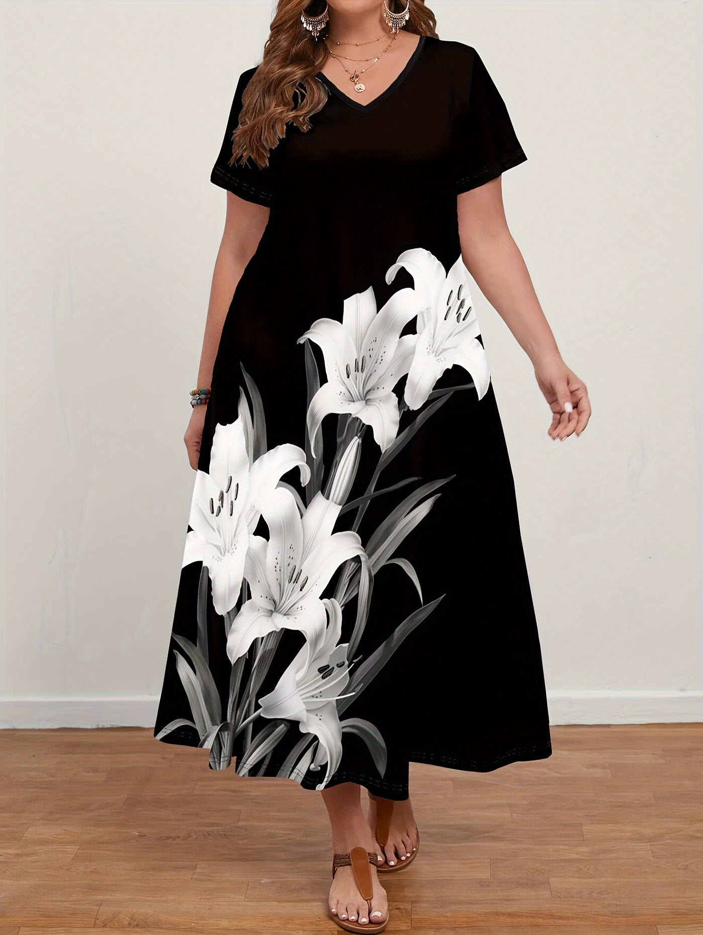 Plus Size Floral Print Maxi Dress for Spring Summer V-Neck Polyester