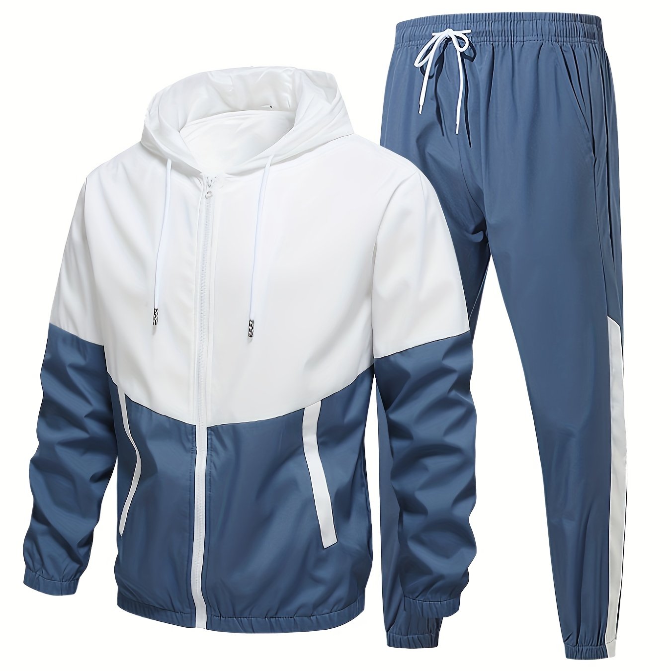 Men's Spring Fall Casual Sports Suit with Hooded Jacket and Pants Set