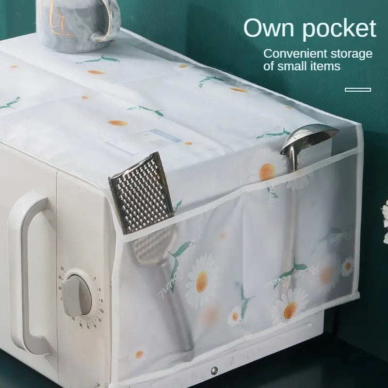 White Cartoon Pattern Kitchen Appliance Cover with Side Storage Pockets for Microwave